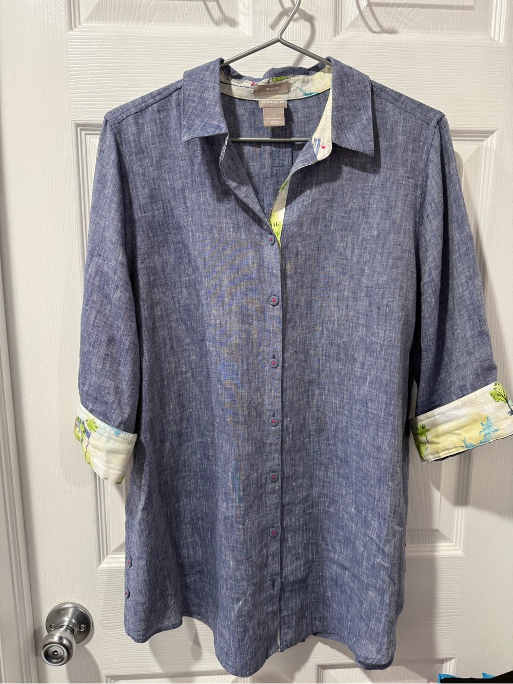 Chico's 💯 % Linen Blue Button-Down Shirt with scenic trim, coastal, beachy